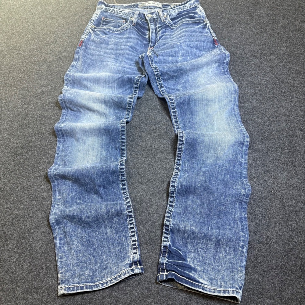 BKE Jake Straight Jeans Mens 32L Blue Acid Wash Y2K Thick Stitch baggy Denim